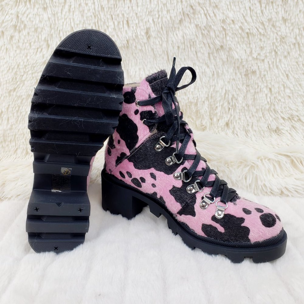 Baby Pink Faux Fur Cow Print Lug Sole Emo Ankle boots - Picture 8 of 14